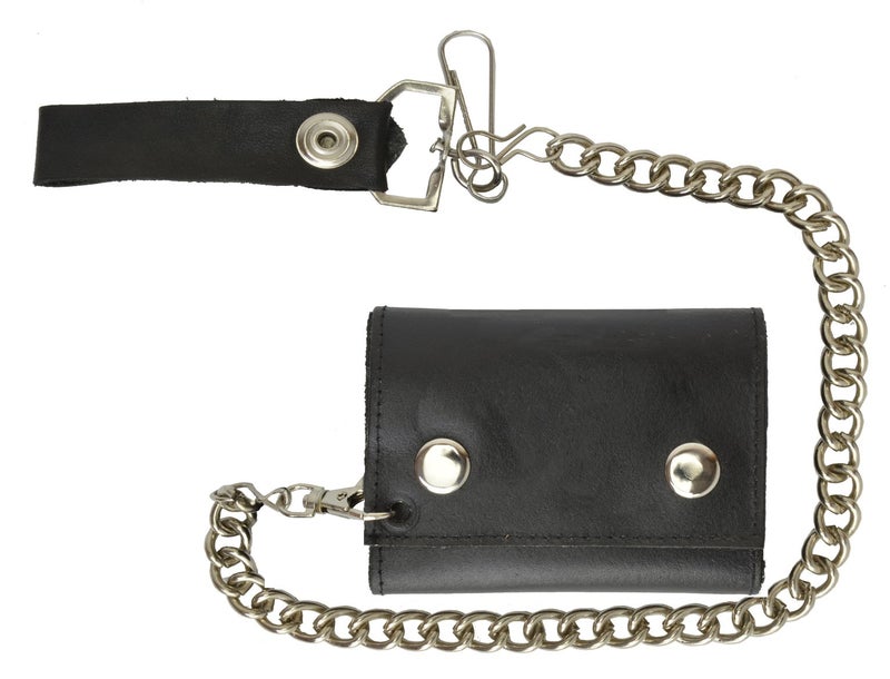 Marshal BLACK GENUINE LEATHER Trifold Biker's Wallet ID Card Holder w/Chain Skull - Image 4